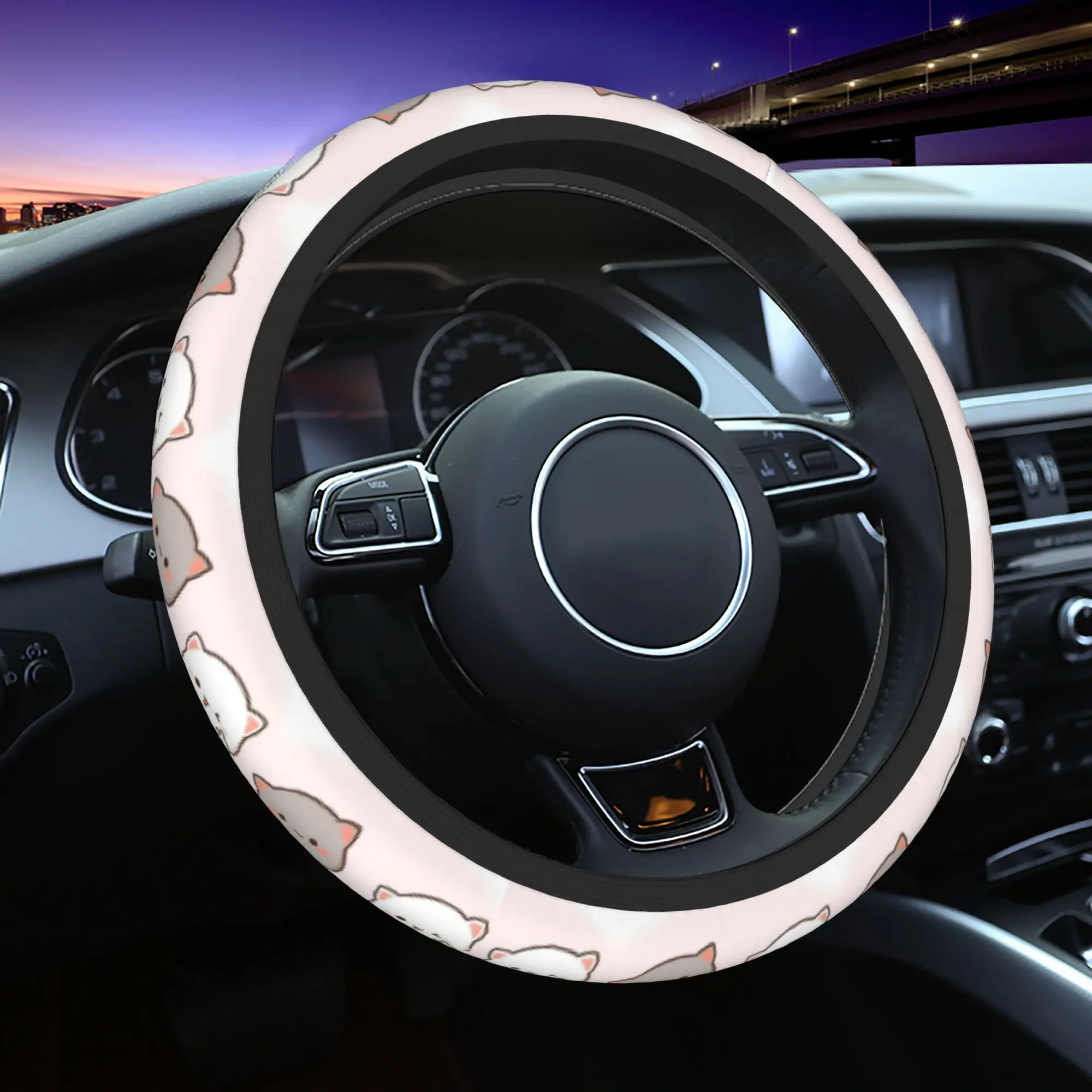 Pink Love Peach & Cartoon Cat Steering Wheel Cover - Auto Car Accessory