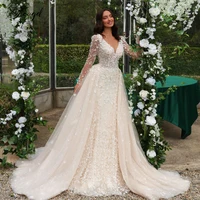 Customized Mermaid Luxury Wedding Dresses V-Neck Long Sleeve Vestido De Novia Lace 3D Flowers Detachable Train Robe De Mariee 1