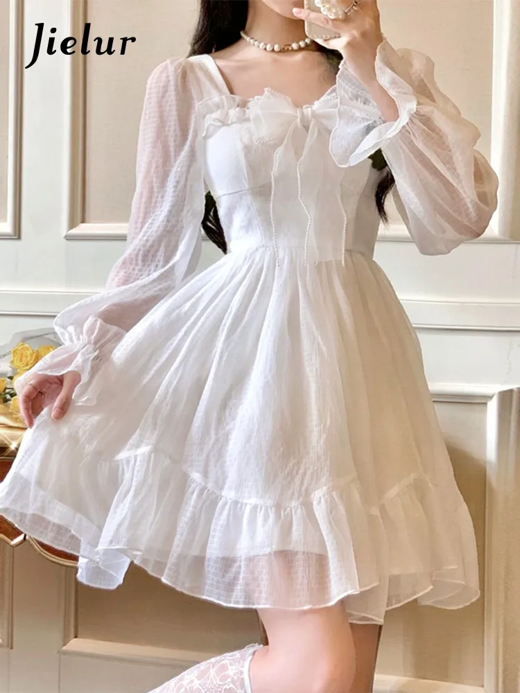 

Jielur French Sweet Fairy Lolita Dress Women Long Sleeve Lace Y2K Mini Dress Vintage Kawaii Clothes One Piece Dress Autumn