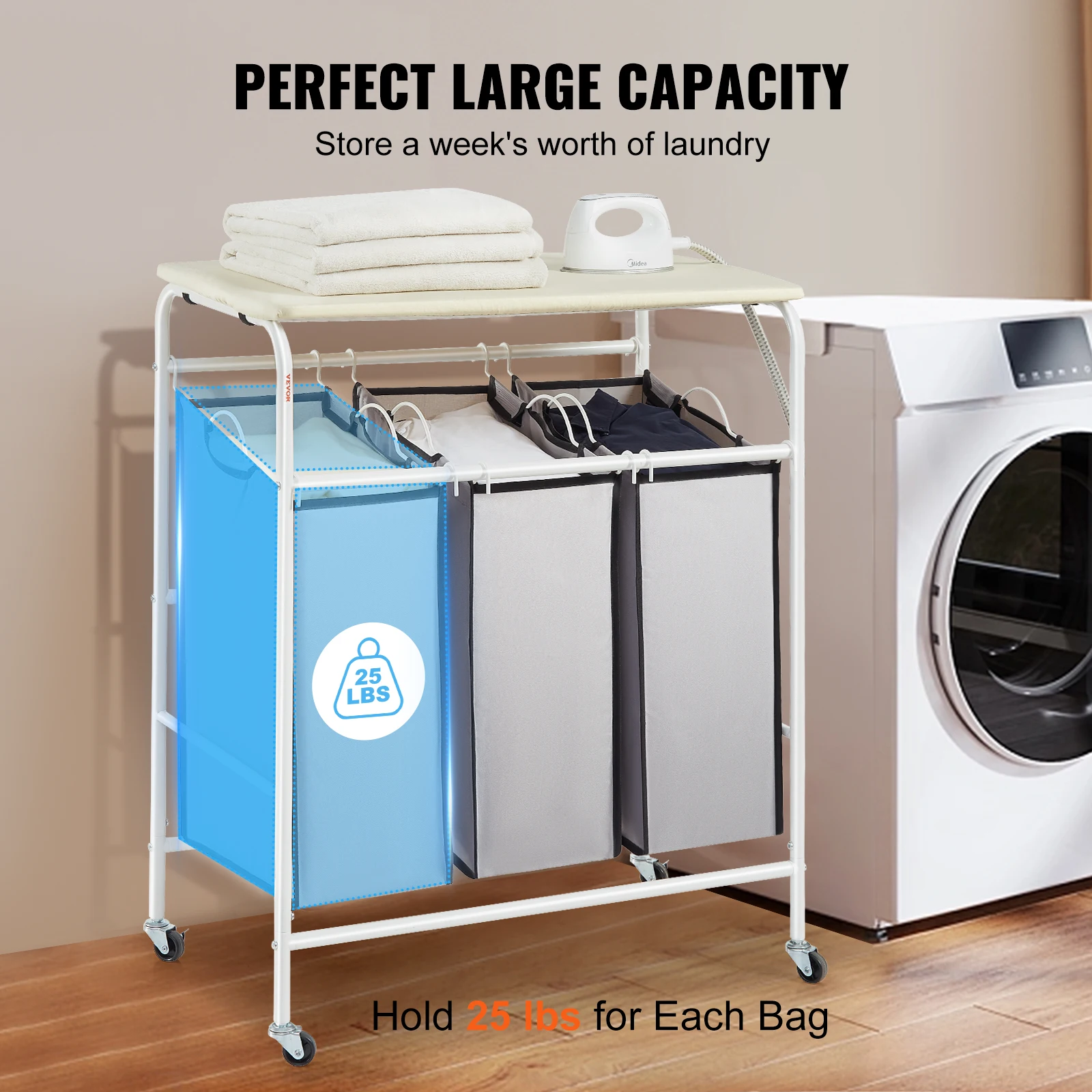 VEVOR 3/4-Section Laundry Sorter Cart W/ Ironing Board Laundry Hamper Rolling Laundry Basket Sorter for Clothes Cleaning Storage