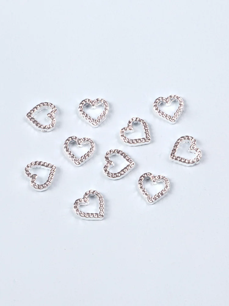 10pcs Silver Heart Alloy Nail Art Charm 3D Silver Metal Diamond Hollow Heart Love Nail Jewelry Luxury Nail Accessories