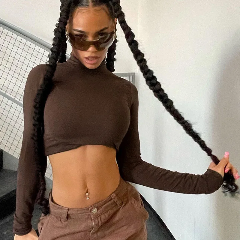 

Street style women's basic high neck short section long sleeved T-shirt