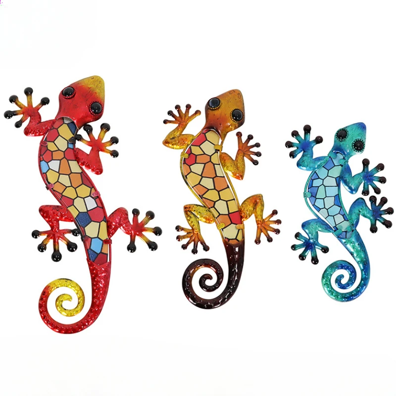 garden courtyard decoration wall hanging set, colorful glass gecko crafts for Kitchen Living Room,Iron gecko wall decoration