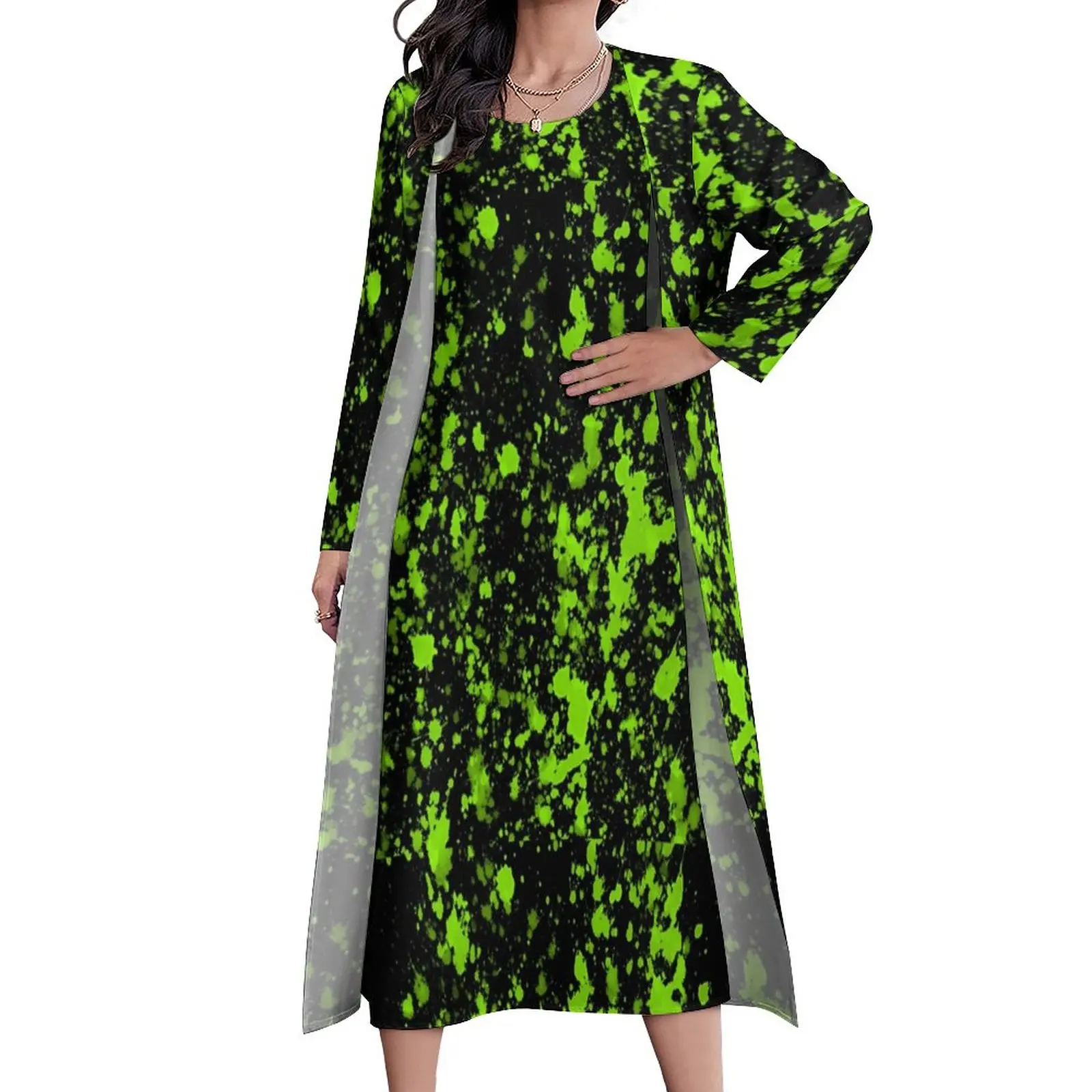 

Green Paint Splatter Dress Cool Neon Print Sexy Maxi Dress Street Wear Casual Long Dresses Women Long Sleeve Oversized Vestido