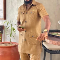 2024 Summer Short Sleeve Tops Pockets Pants Single Breasted Tuxedo 2PCS Men's SetsAfrican Ethnic Casual Kaunda Suit Wedding Wear 1
