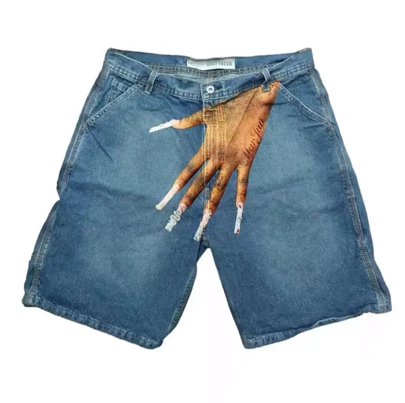 Y2K Baggy Denim Shorts vintage Finger Print Hip Hop gym shorts Harajuku Summer Men Women Gothic Men Basketball Shorts Streetwear 4
