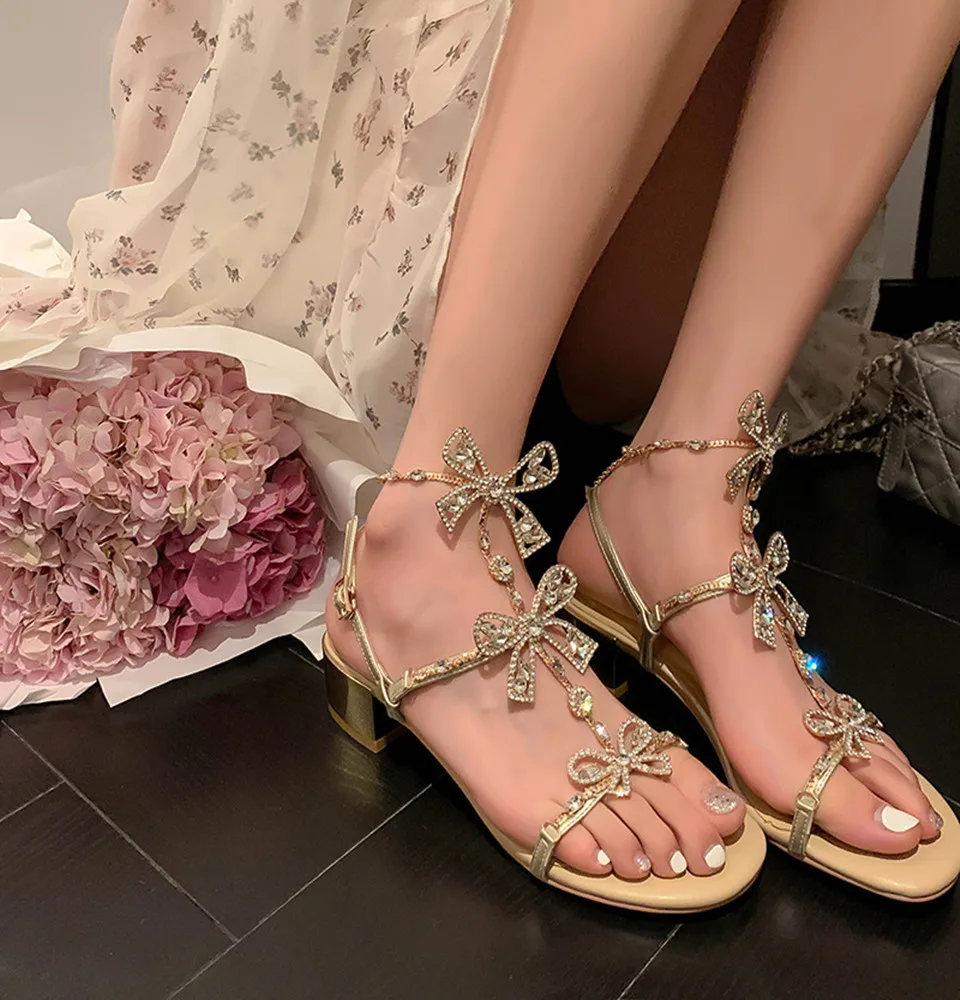 

Sweet Butterfly Knot Solid Color Sandals Summer Strappy Fashion Women Shoes Square Low Heel Buckle Strap Pumps Zapatillas Mujer