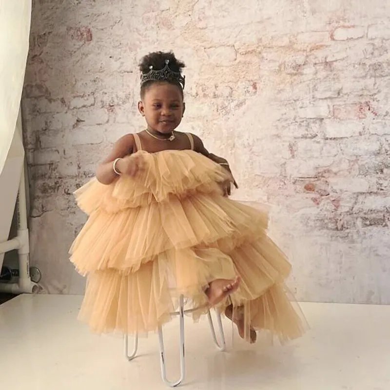 

Champagne Toddle Girls Prom Gowns Lush Ruffle Layered Party Prom Gown for Kid New Year Costume Long Off Shoulder