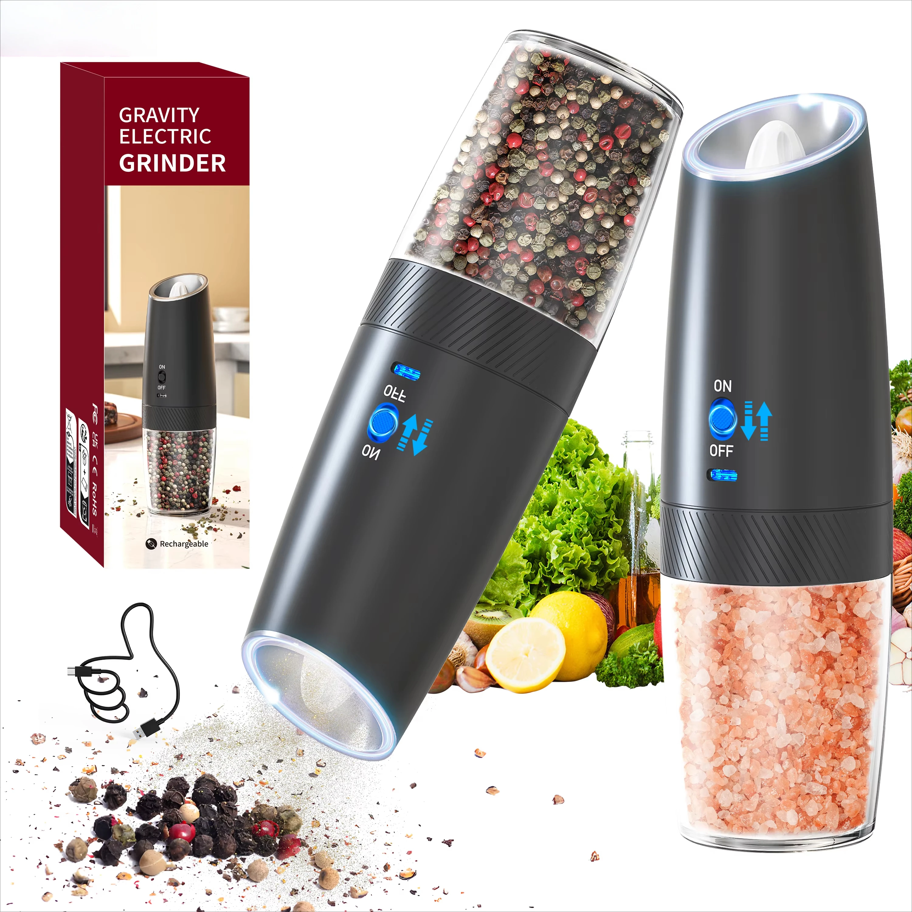 Kitchen Gravity Sensing Electric Salt and Pepper Grinder USB Rechargeable Adjustable Coarseness Automatic Spice Grinders Tools electric grinder salt and pepper grinder