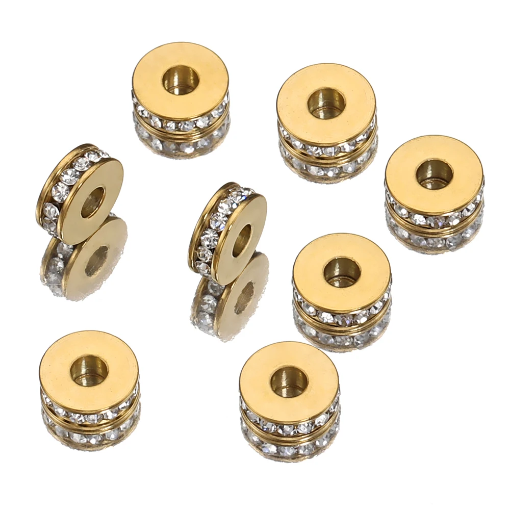 

10pcs Stainless Steel 7mm Rhinestone Spacer Beads Flat Round Crystal Rondelle for Bracelet Necklace Jewelry Making DIY Handmade