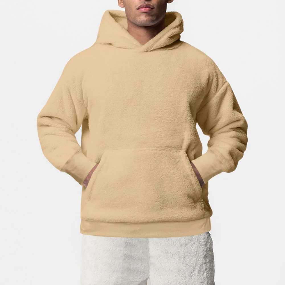 

Fashion Men's Warm Fleece Hooded Sweatshirts Hoodies Solid Color Casual Pullovers Tops Pocket Hoodie Men Clothes