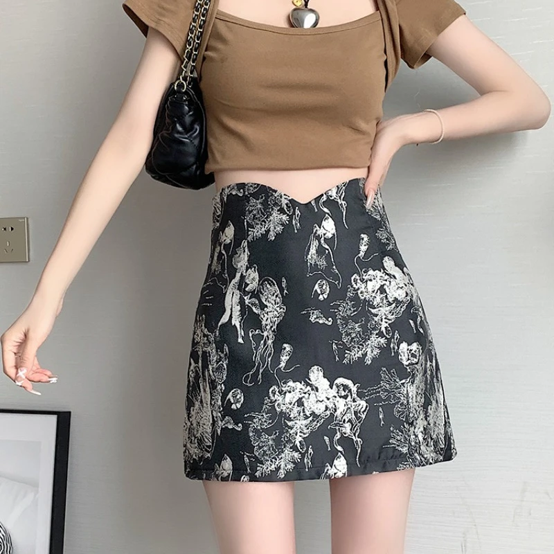 Ink Painting Printing A-line Short Skirt Women New Vintage Slim High Waist Skirt Female