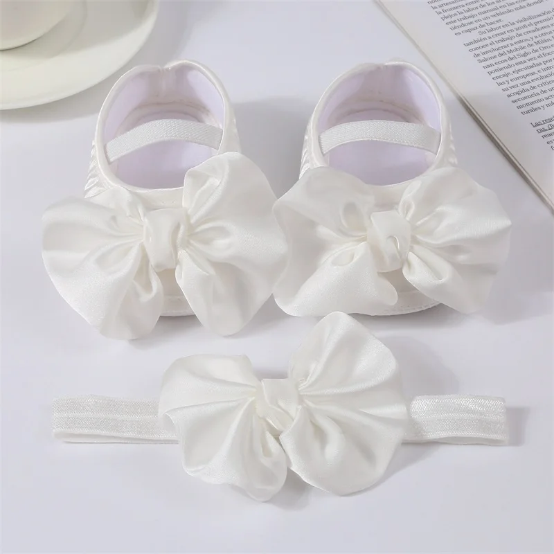 Baby Girls Shoes Cute Bowknot Mary Jane Flats Crib Shoes Princess Soft Non-Slip Walking with Headband Infant First Walker