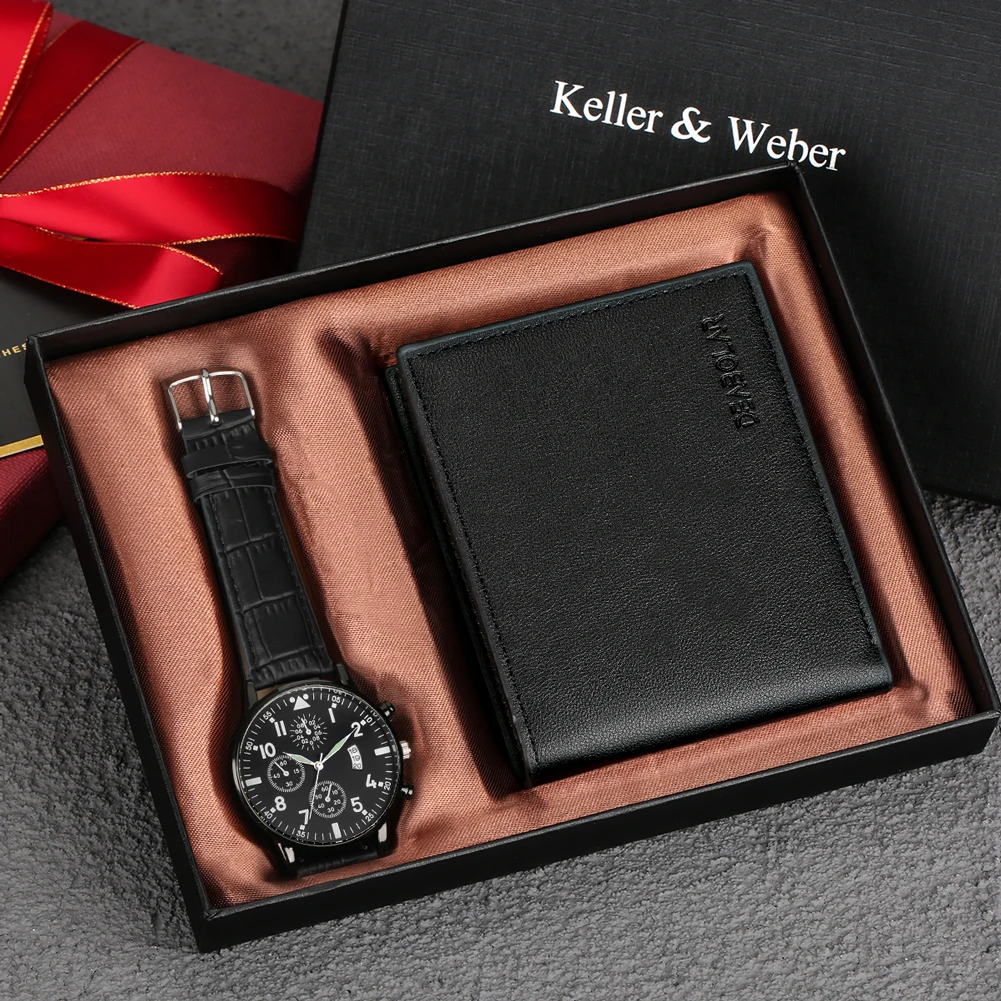 Utility Wallet Wristwatch Gift Set Creative Present for Men Leather Quartz Calendar Watch Simple Black Purse with Greeting Card ins creative starry sky planet greeting card envelope thank you festival gift blessing card letter paper invitations stationary