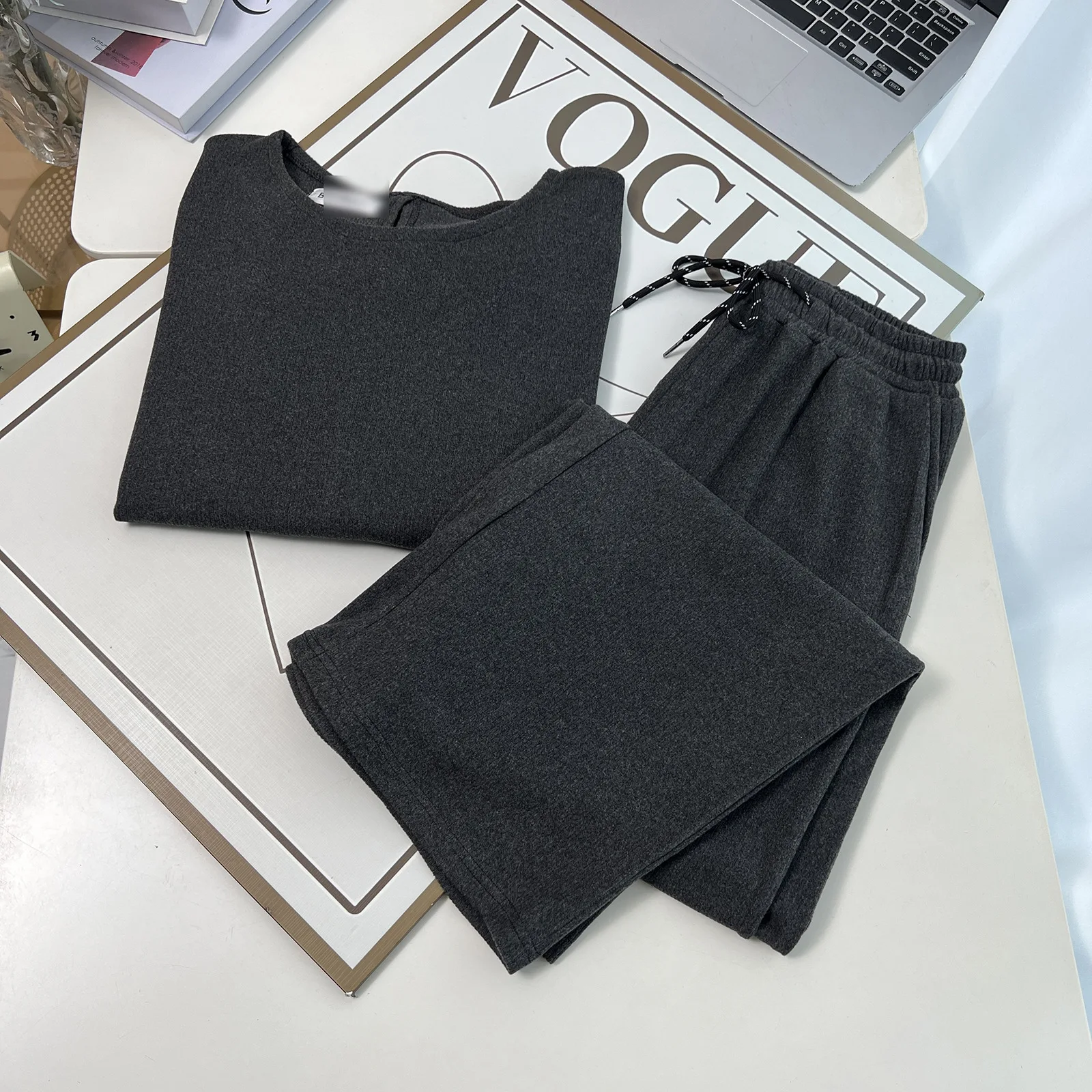 Plus Size Women's Two Piece Set Of Casual Cashmere Striped Cuffs Long Sleeve Top And Drawstring High Waist Pants Autumn 2025