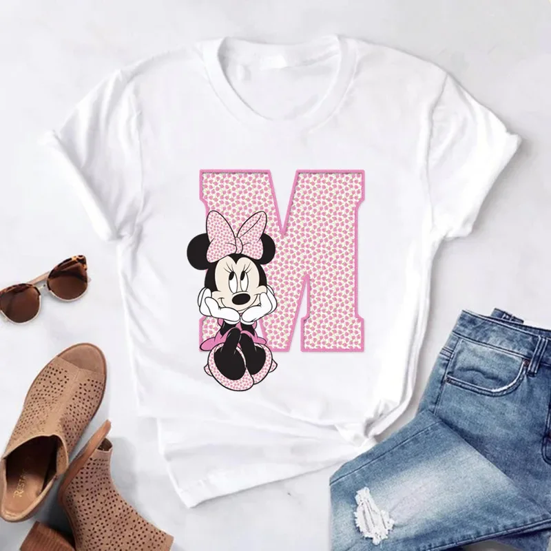 thumbnail image 1 of Camisetas de algodón de manga corta de verano para niños, camiseta rosa con letras de Minnie Mouse, fuente ABCDEFG, divertida y bonita para niño y niña, 1 of 5