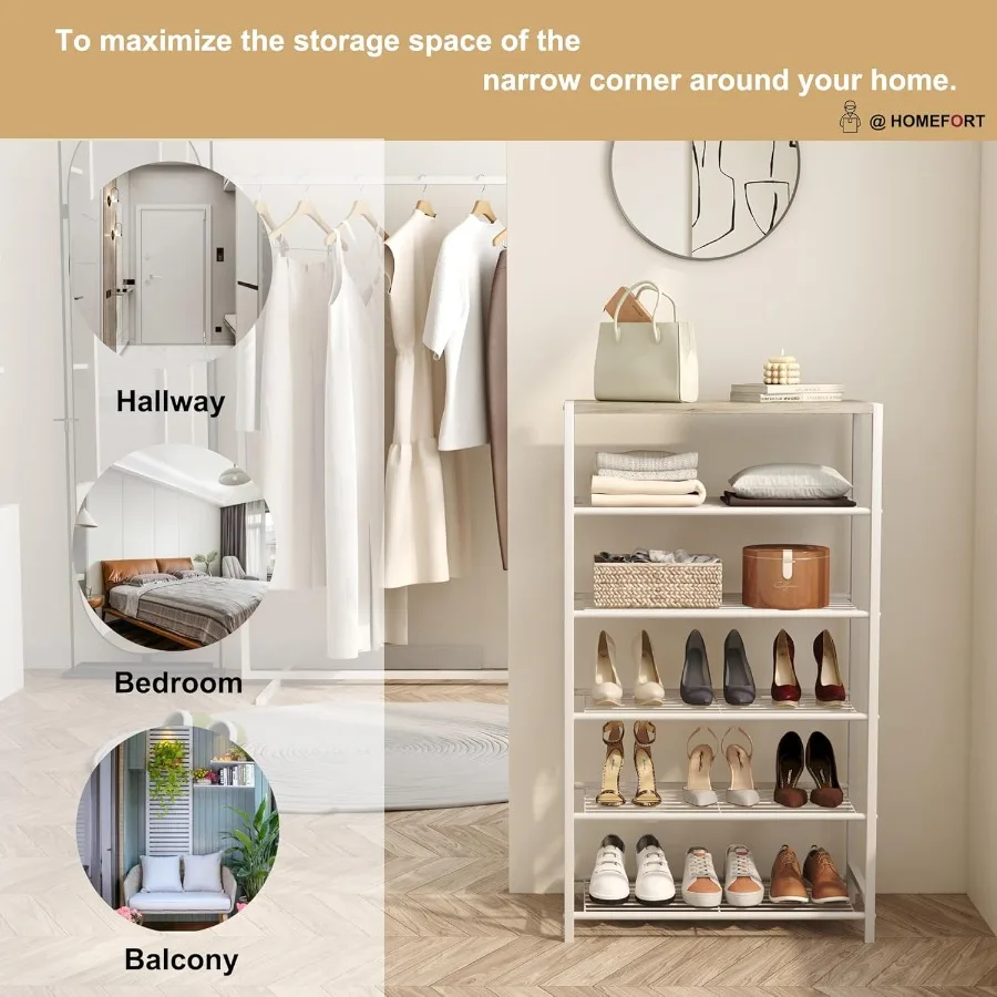 Shoe Rack 6Tier Shoe Storage Shelf Industrial Shoe Tower Narrow Shoe Organizer for Closet Entryway Small Shoe Rack Table with D