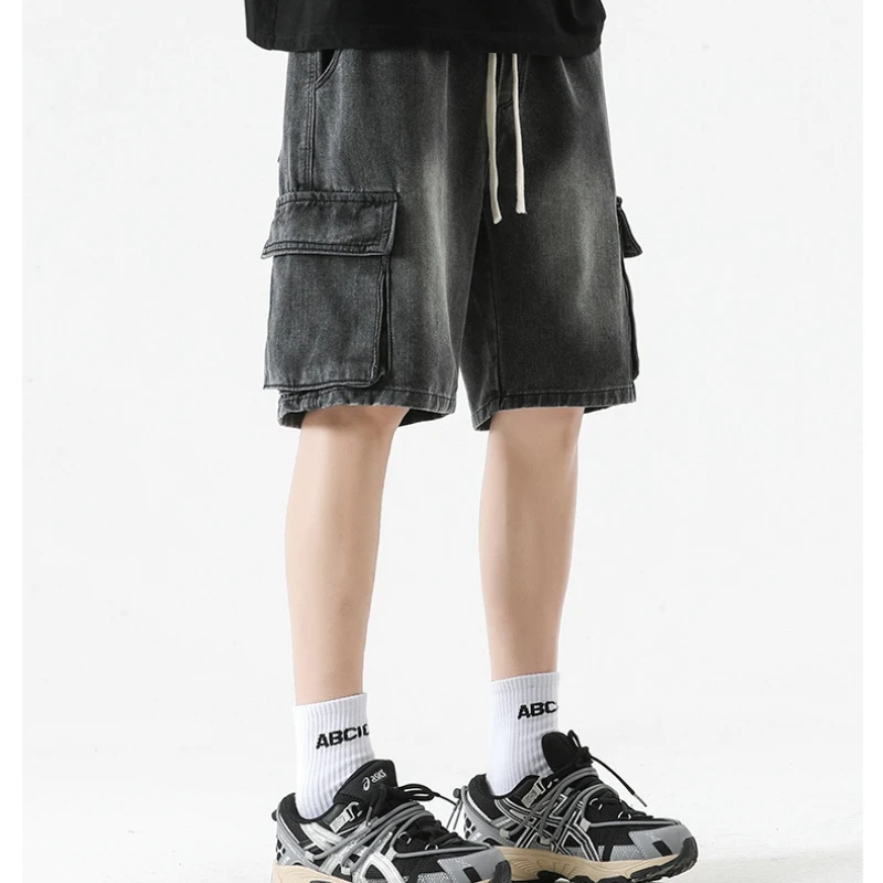 American Style Multi-Pocket Workwear Denim Shorts Men's Elasticated Drawstring Waist Loose Straight Leg Five Pants