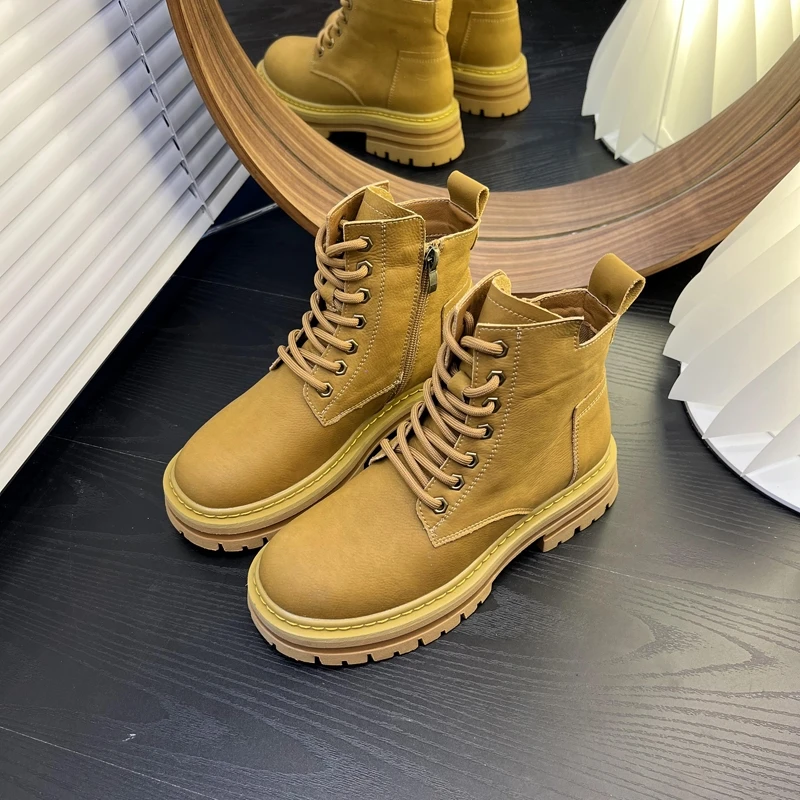 

Весна 2022, кожаные ботинки с эффектом потертости, женские повседневные ботинки, модная женская обувь в стиле преппи, ботинки на толстом каблуке, новинка для женщин