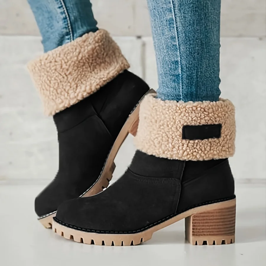 

Women's Warm Faux Fur Lined Ankle Boots, Chunky Heeled Boots, Women's Footwear