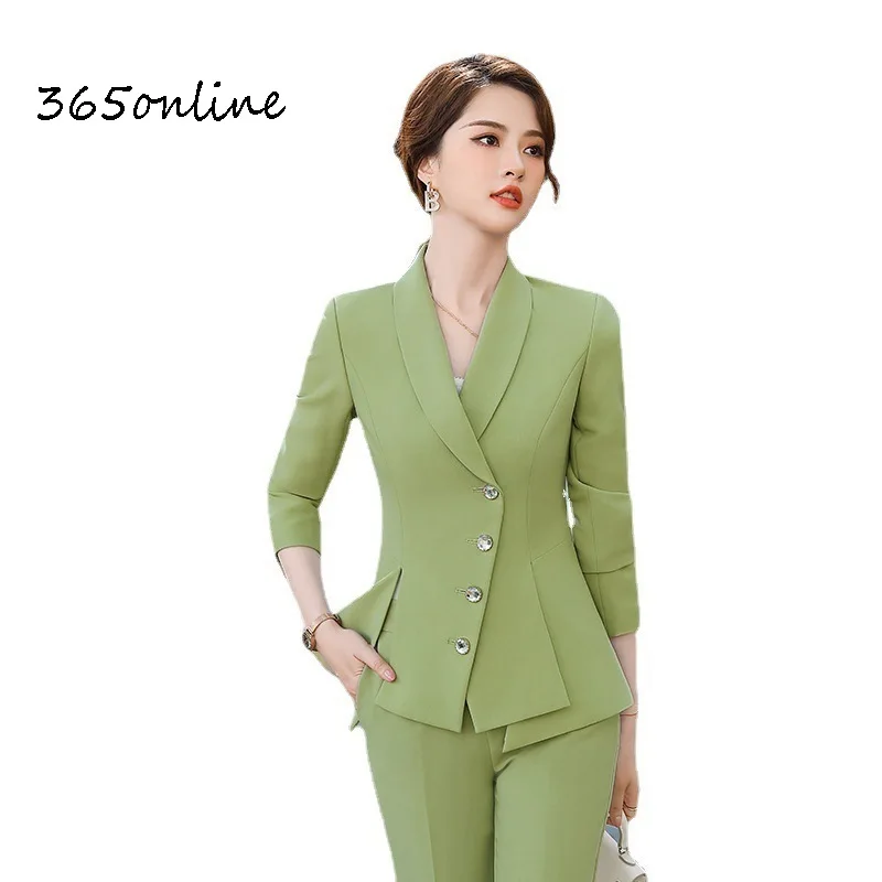 Ladies Office Elegant Green Women Business Suits With Pants And Jackets