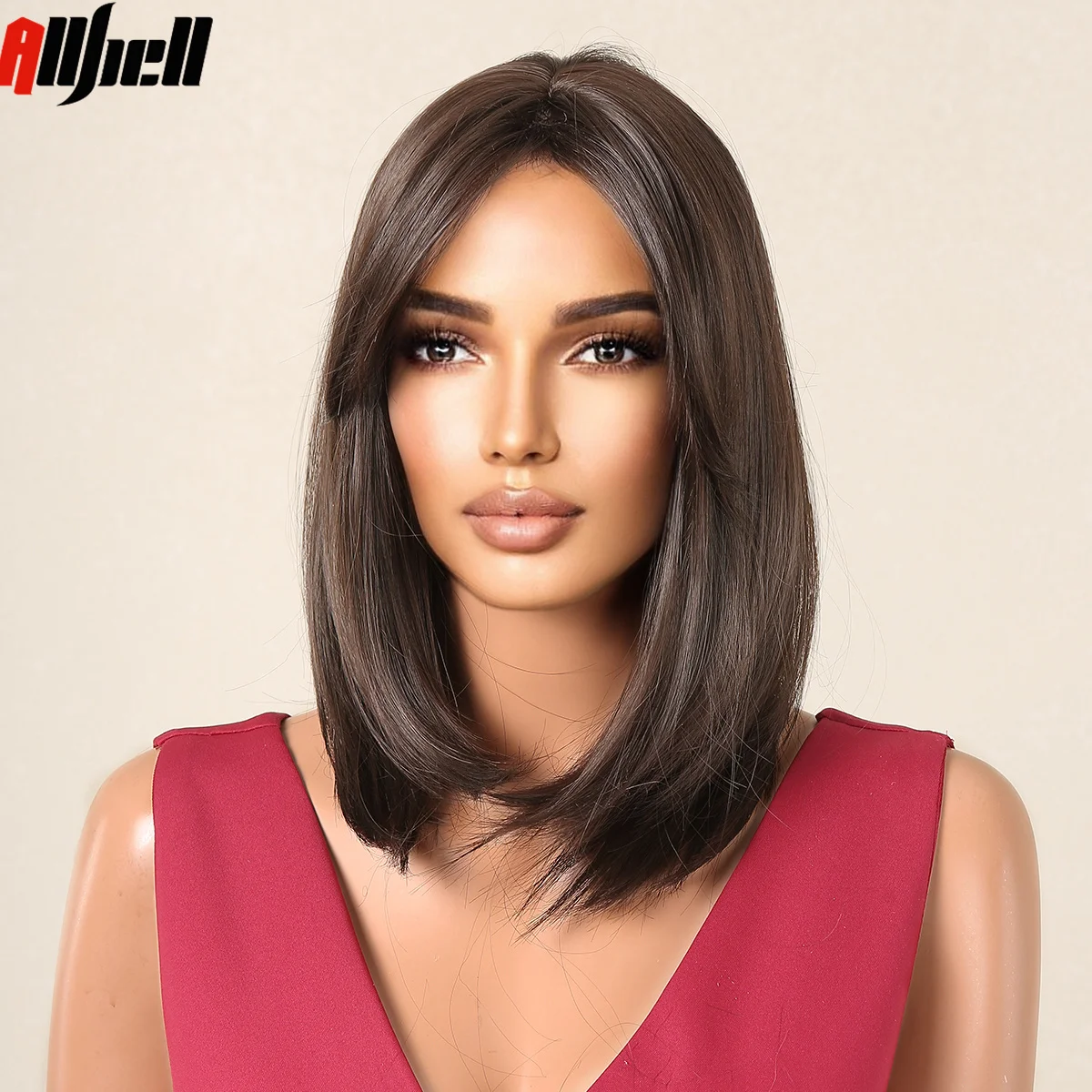 Medium Length Straight Dark Brown Synthetic Wigs with Bangs