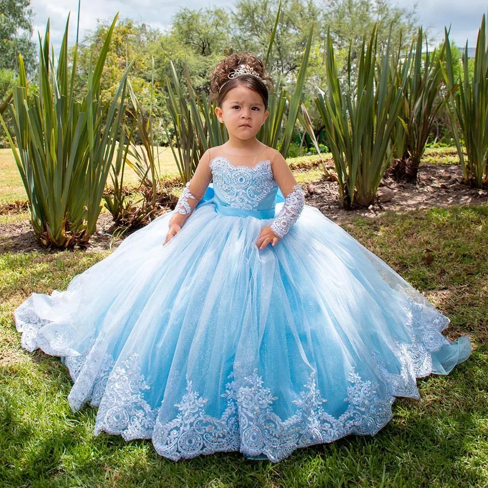 Flower Girl Dresses Floral Applique Dress Pink Tulle Flower Girl Dress Wedding Full Sleeves Puffy Applique Floor Length Princess Kids Birthday First Communion Gown
