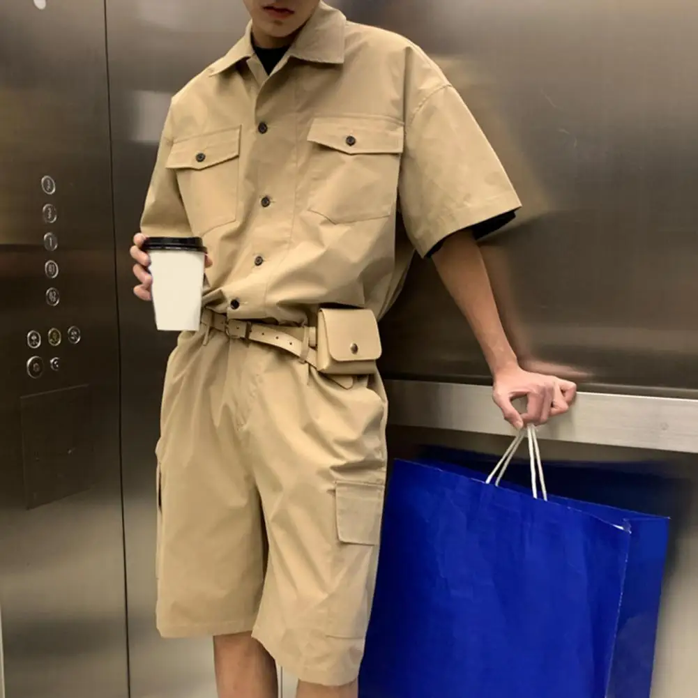 Male Fashion Leather Belt Bag Cargo Overalls Streetwear Jumpsuits For Men Women