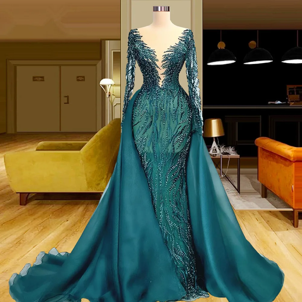 

Hunter Green Luxury Prom Dress Decal Beaded Evening Dress Customized Formal Performance Wedding Party Dress