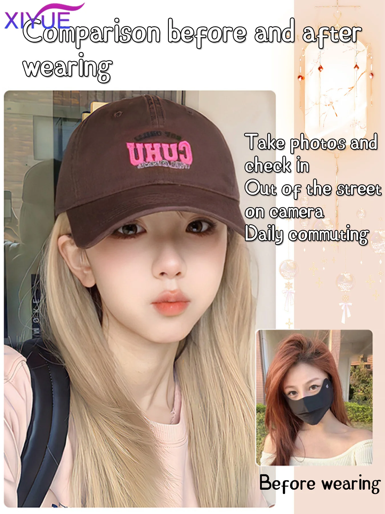 XIYUE 35Inch Long Straight Synthetic Wig Baseball Cap Hair Extensions Hat Wigs Black Brown Adjustable Hairpiece for Women