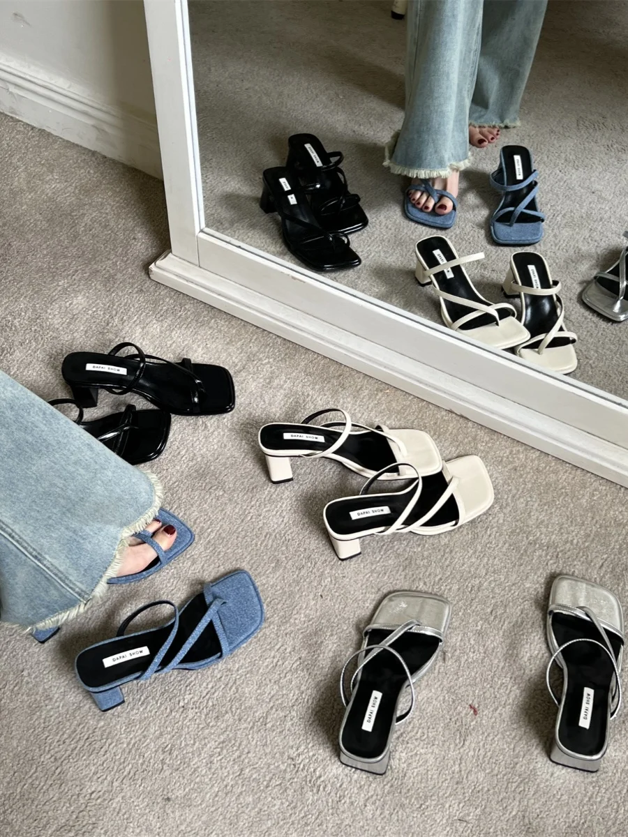 

Square Toe Shoes Woman 2024 Slippers Soft Cross-Tied Rubber Flip Flops Med Pantofle Luxury Slides Block Comfort Summer Silver Ha