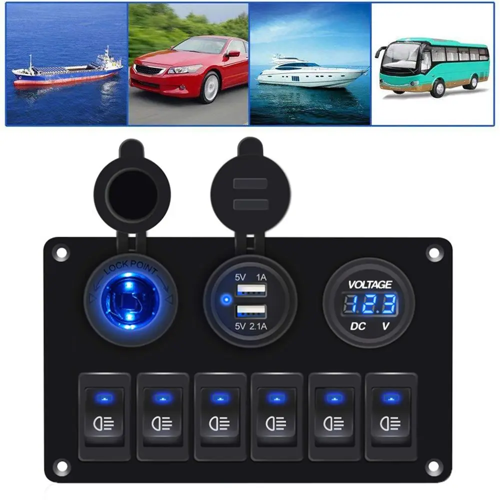 

Accessories For Car RV Camper Caravans Digital Voltmeter Circuit Breaker Dual USB Port LED Rocker Switch Panel 6 Gang 12V/24V