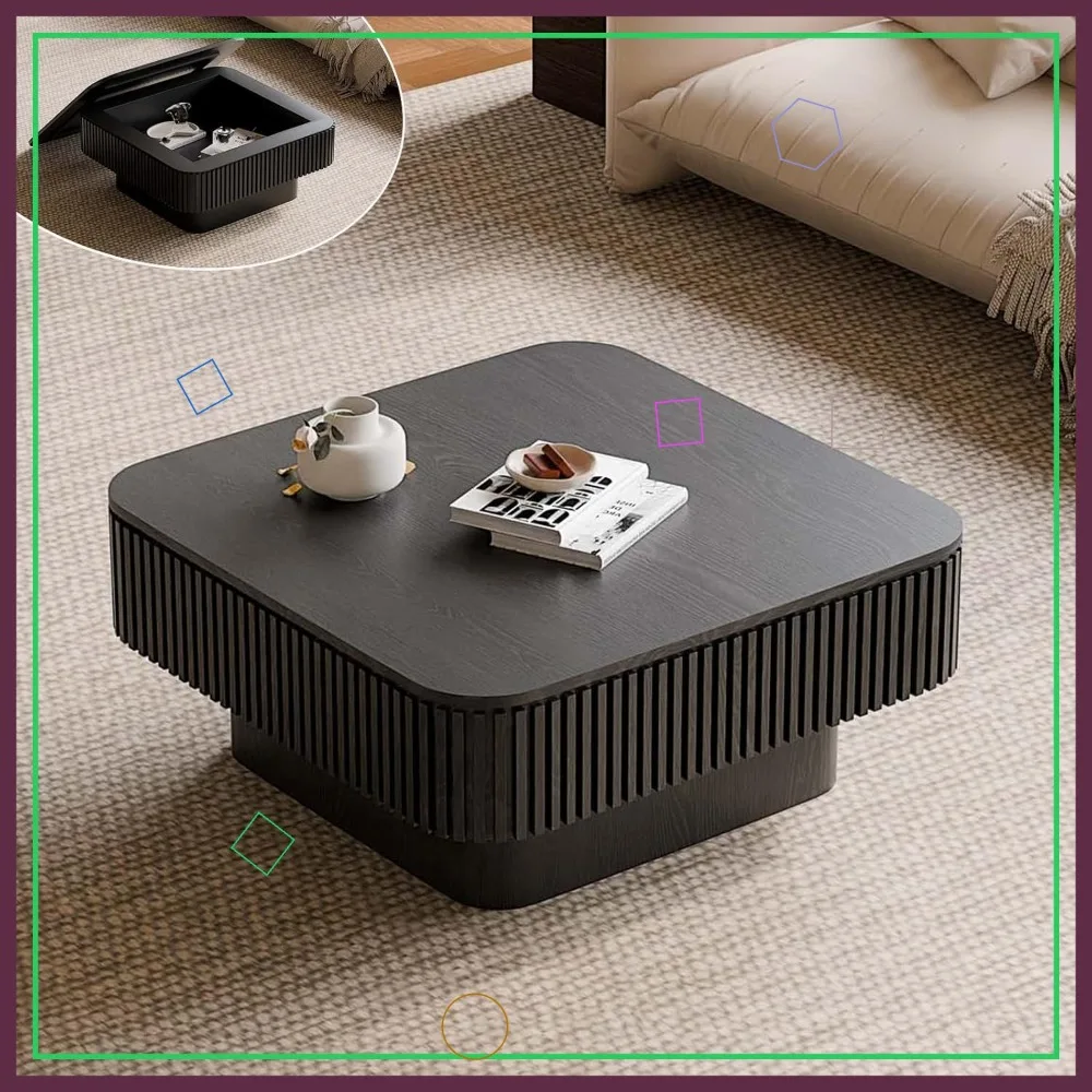 Modern Square Coffee Table with Storage, Fluted Wooden Center Table for Living Room, 31.5''