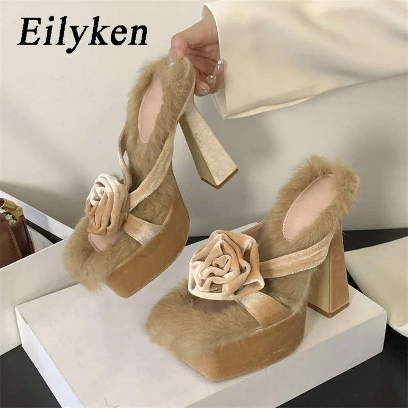 

Eilyken 2024 Flower Faux Fur Super High Heels Woman Slippers Platform Ladies Sandals Sexy Banquet Party Summer Shoes