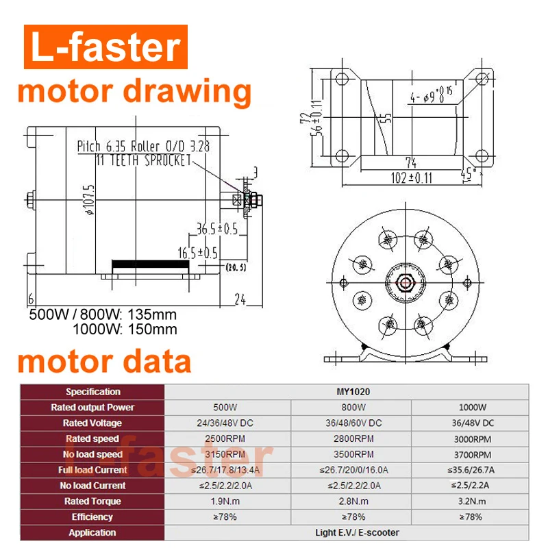 36V48V 500W 800W 1000W High Speed Brushed Motor Unitemotor MY1020 With 11 Teeth 25H Gear T8F Sprocket For Electric Quad Bike