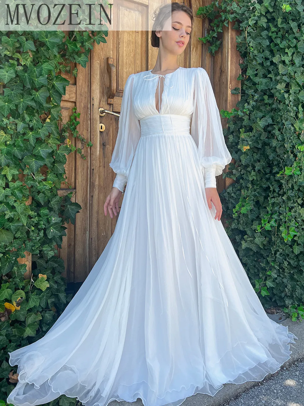 

Mvozein Ivory Beach Wedding Dress Chiffon Boho Bride Dresses Court Train Wedding Party Dress A-Line O-Neck Dresses