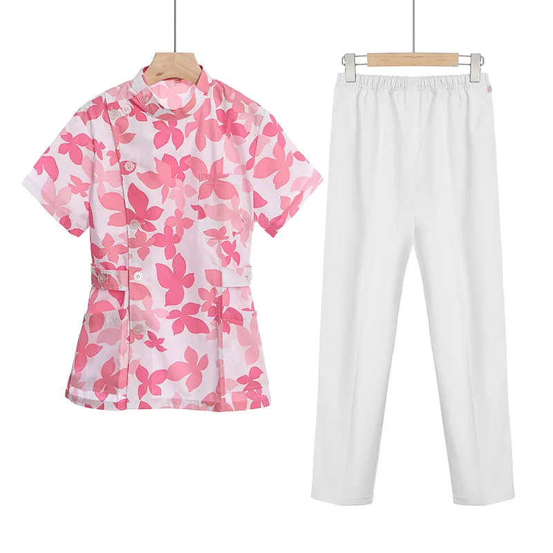 Nurse Scrubs Top Nurse Uniform Suits Nurse Uniform Dress Flower Short Scrubs Set Nurse Doctor Medical Uniform Women Outwear Nursing Two-piece Suit Beauty Salon Hospital Gown