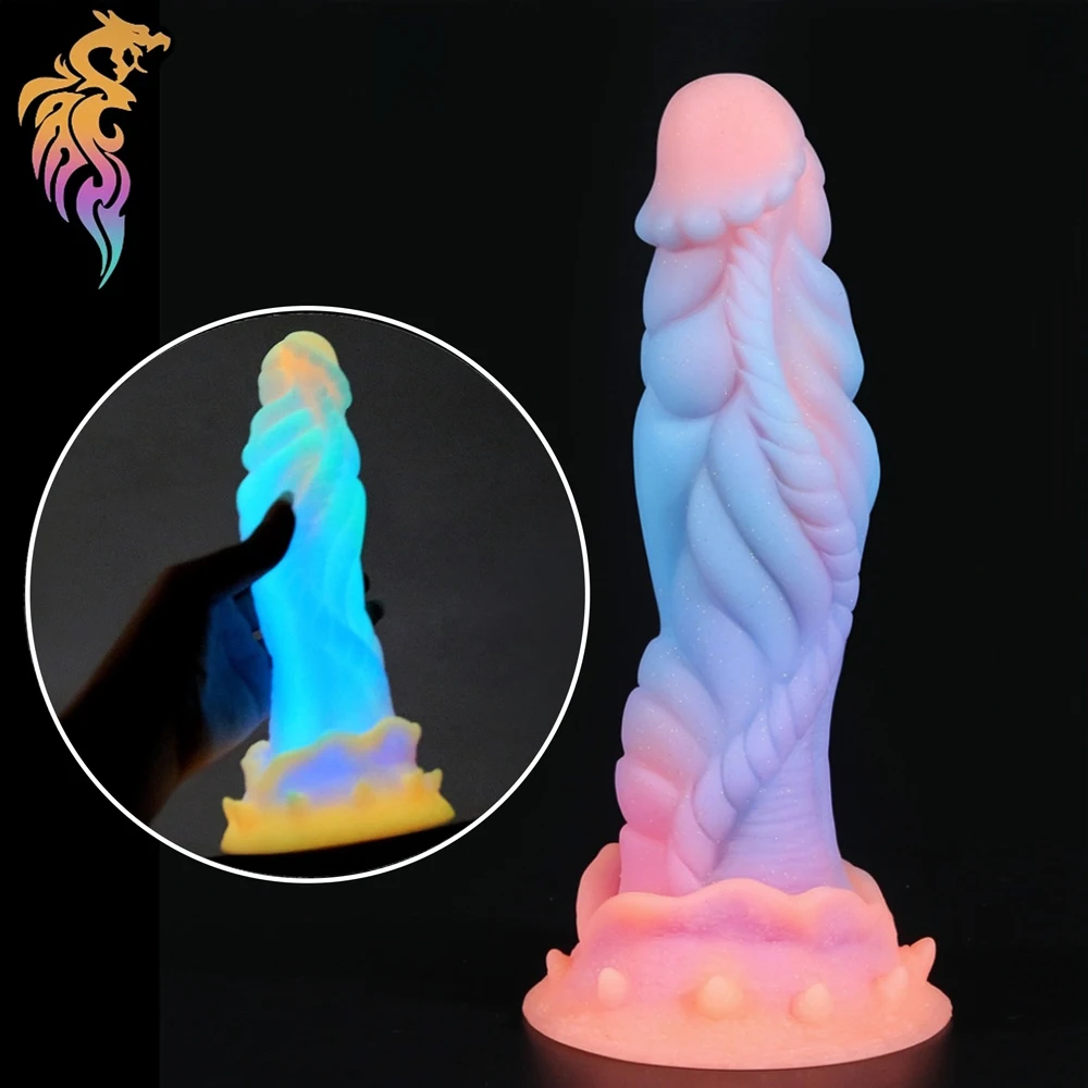 

WOYE Liquid Silicone Luminous Anal Plug Dildo Stimulate Vagina Anus Big Butt Plug Dick with Sucker Anal Dilator Phallus Sex Toy