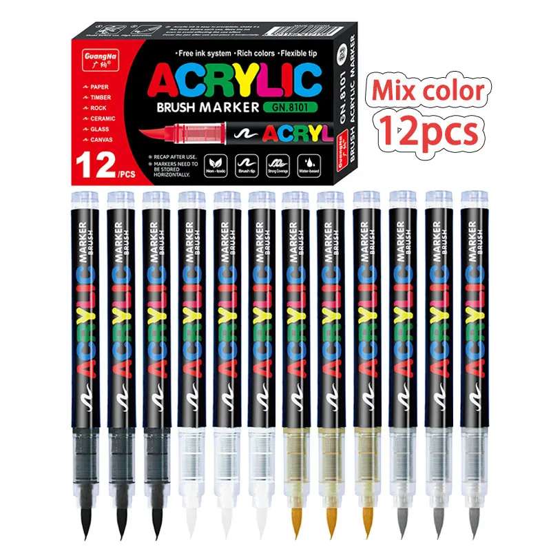 4pcs/12pcs Acrylic Marker Brush Pens Black/White/Gold/Sliver Paint Art Markers for Rock Painting Stone Ceramic Glass Wood 6