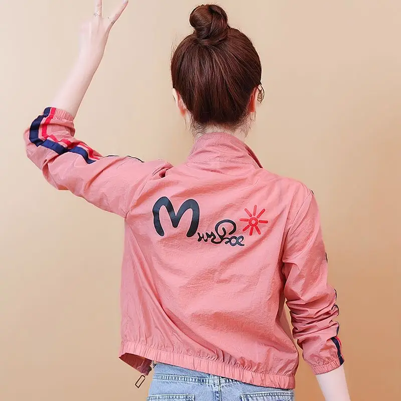 Women Zipper Sweatshirt Summer Sunscreen Clothing Short Coats Long-sleeved Lightweight Jacket New Lapel Collar Print Patchwork