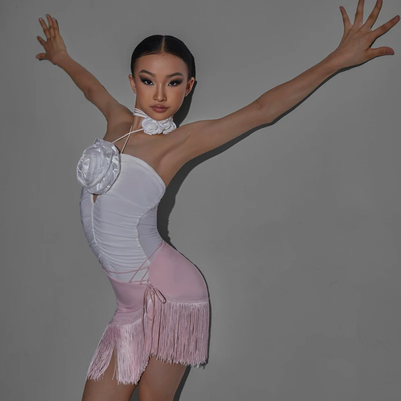 

2023 Latin Dance Performance Costumes For Girls Tube Top Fringed Skirt Suit Samba Chacha Practice Clothes Latin Dress DQS13487