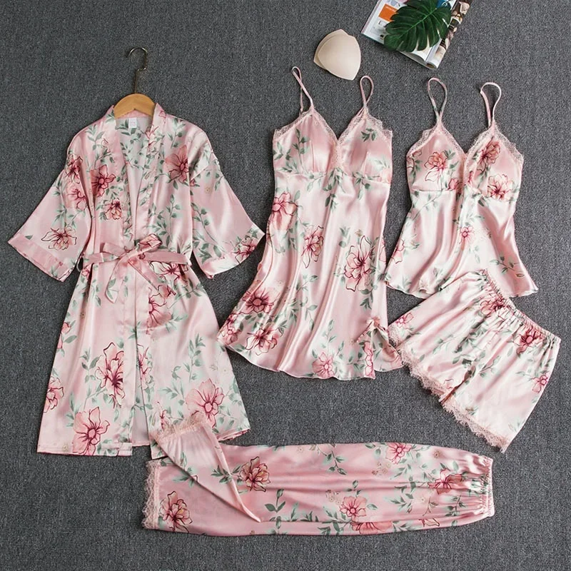 Lace Satin Women's Sleepwear Set Silk V-neck Nightgown 5 Piece_voghion.com