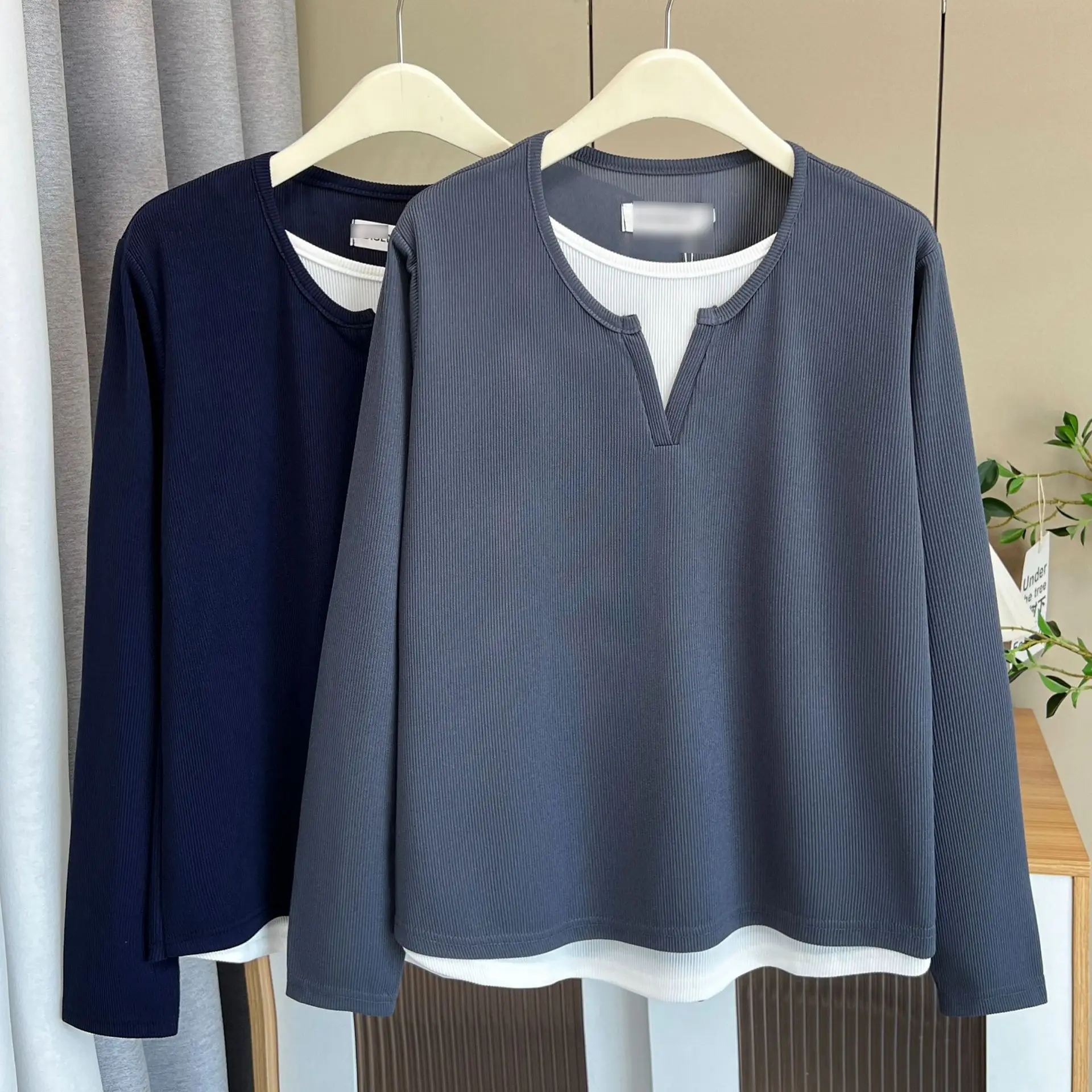 Fashion Plus Size Women's T-Shirt Classic Fake Two Pieces Long Sleeve Autumn Casual Tops 1711