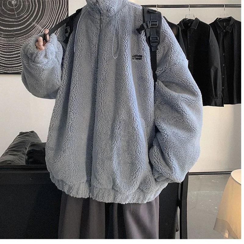 Winter KPOP Fashion Harajuku Coat Men Loose Casual All Match Tops Stand Collar Long Sleeve Male Clothes Thick Zipper Outerwear