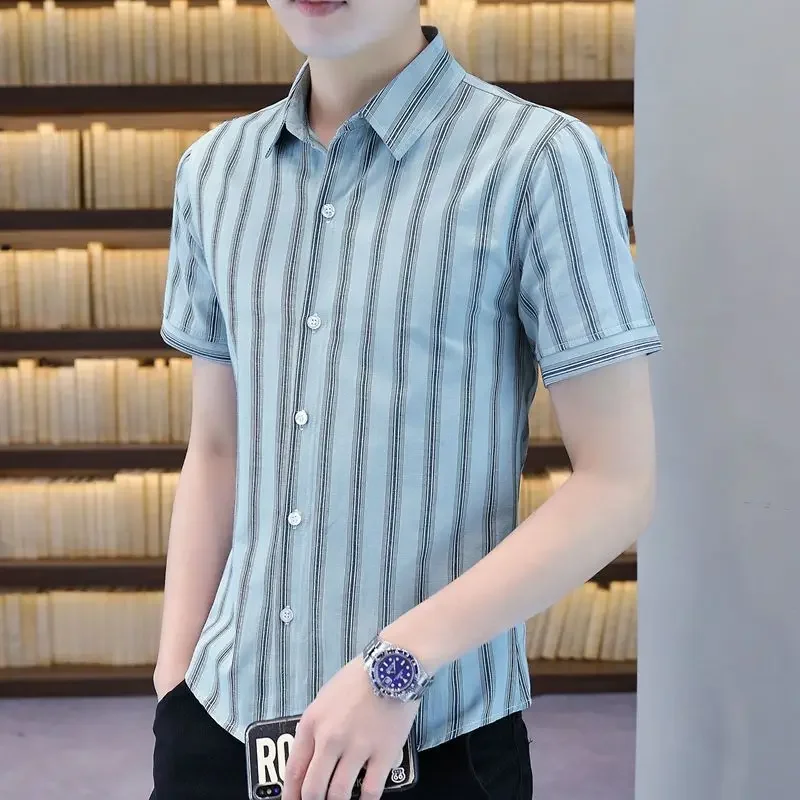 

Male Top Striped Clothes Red Short Sleeve Men's Shirt and Blouse for Office Formal Free Shipping Social Fashion 2024 Regular Xxl