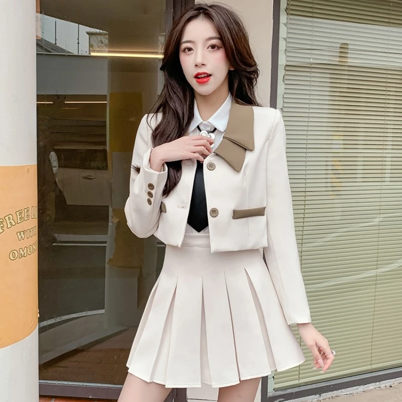 Outfit 2023 Suit with Skirt and Blazer Summer Pleated Two Piece Set for Women Pleat Womens Short 2 Sets Clothing Trend Co Ord Xl pleated sets men slim fit fashion short sleeved shirt pants two piece men korean casual set mens solid color dress sets m 3xl