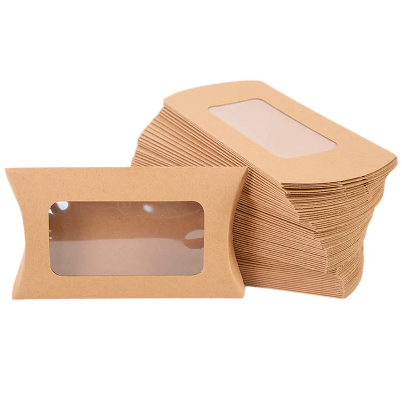 20/10pcs Pillow Shape Cookie Candy Box with Window Wedding Christmas Kraft Paper Gift Packaging Boxes Birthday Party Supplies