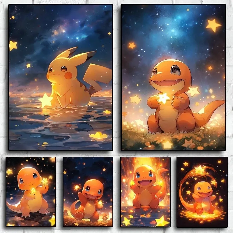 

Картина с изображением Ван Гога Звездное небо покемон аниме фигурки Пикачу Акварельная живопись Холст Плакаты и принты Настенная картина для гостиной