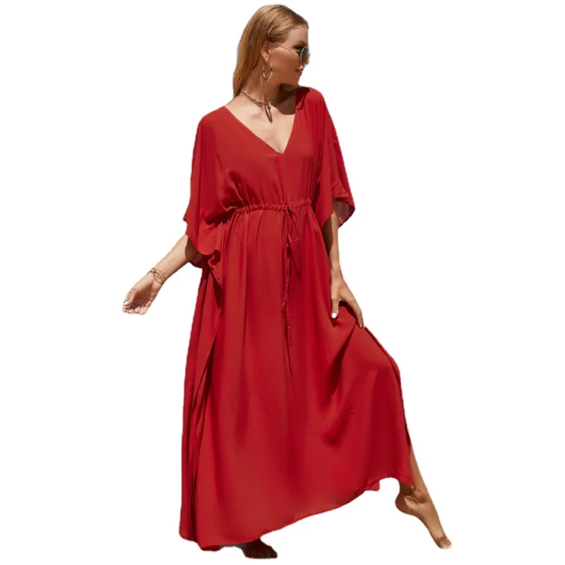 V-neck Batwing Sleeve Solid Color Waistband Dress For Women Summer Bikini Beach Wear Kaftan Long Bathing Swimsuit Cover Up