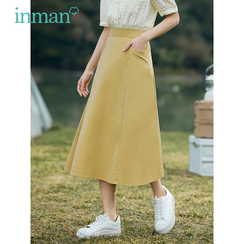 INMAN Women Skirt 2023 Summer Back Elastic Waist A-shaped Loose Both Sides Design Pockets Light Khaki Green Casual Long Skirt mens multi flap pockets drawstring cargo jogger techwear pants l light gray